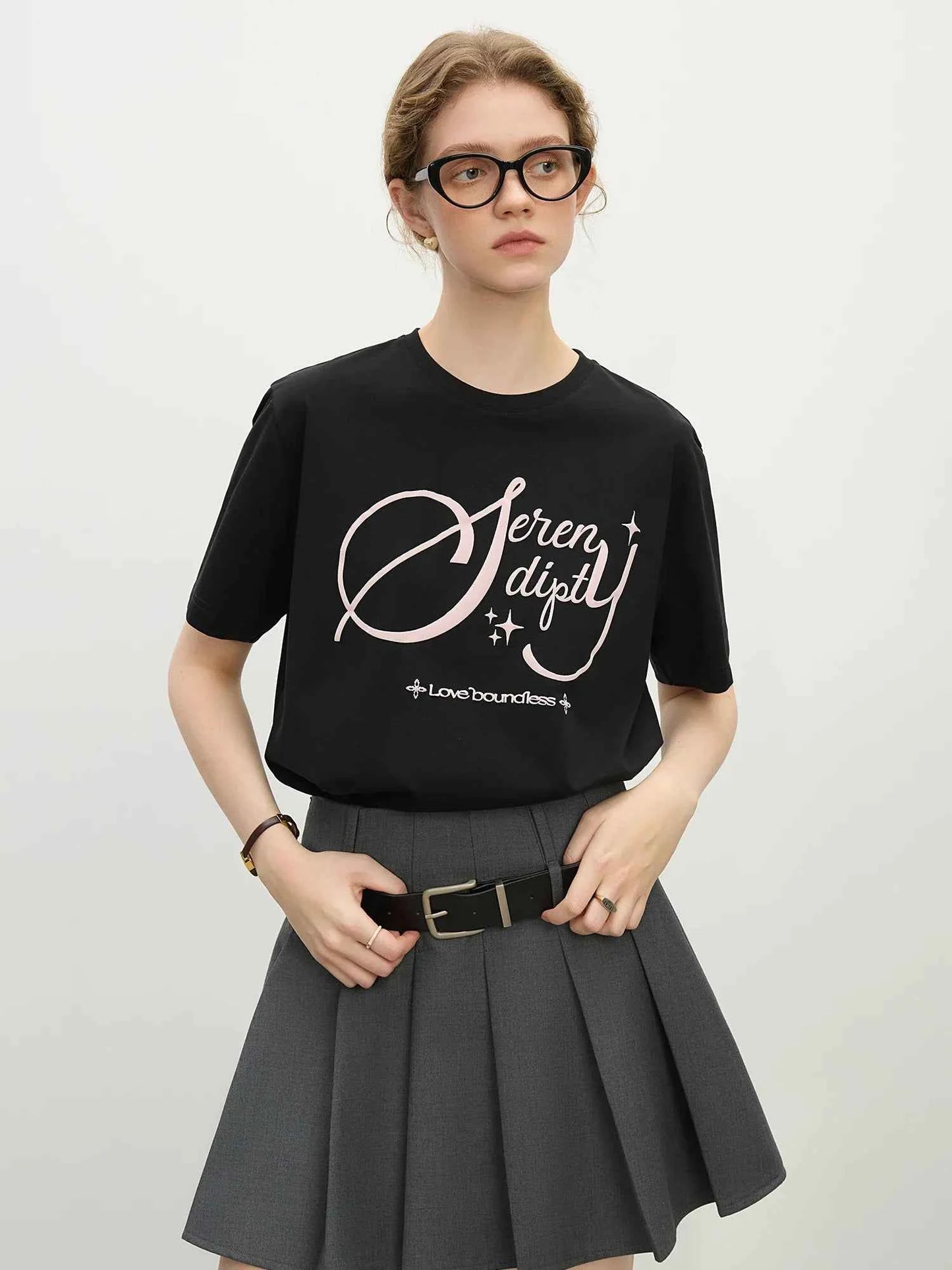 Women Versatile Retro Loose Round Neck Alphabet T-Shirt