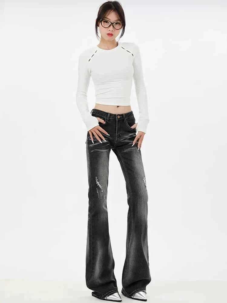 Women Vintage Ripped Bootcut Flared Jeans