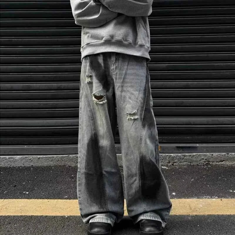 Vintage Streetwear Ripped Straight Wide Jeans