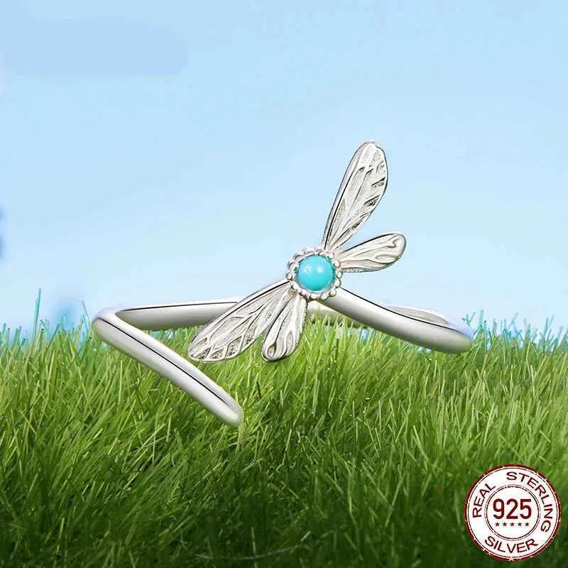 Elegant Turquoise Dragonfly Adjustable Statement Ring