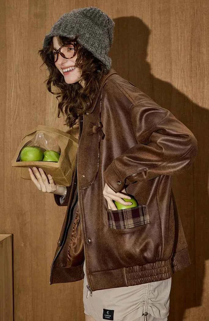 Retro Versatile Plaid Patchwork Leather Jacket