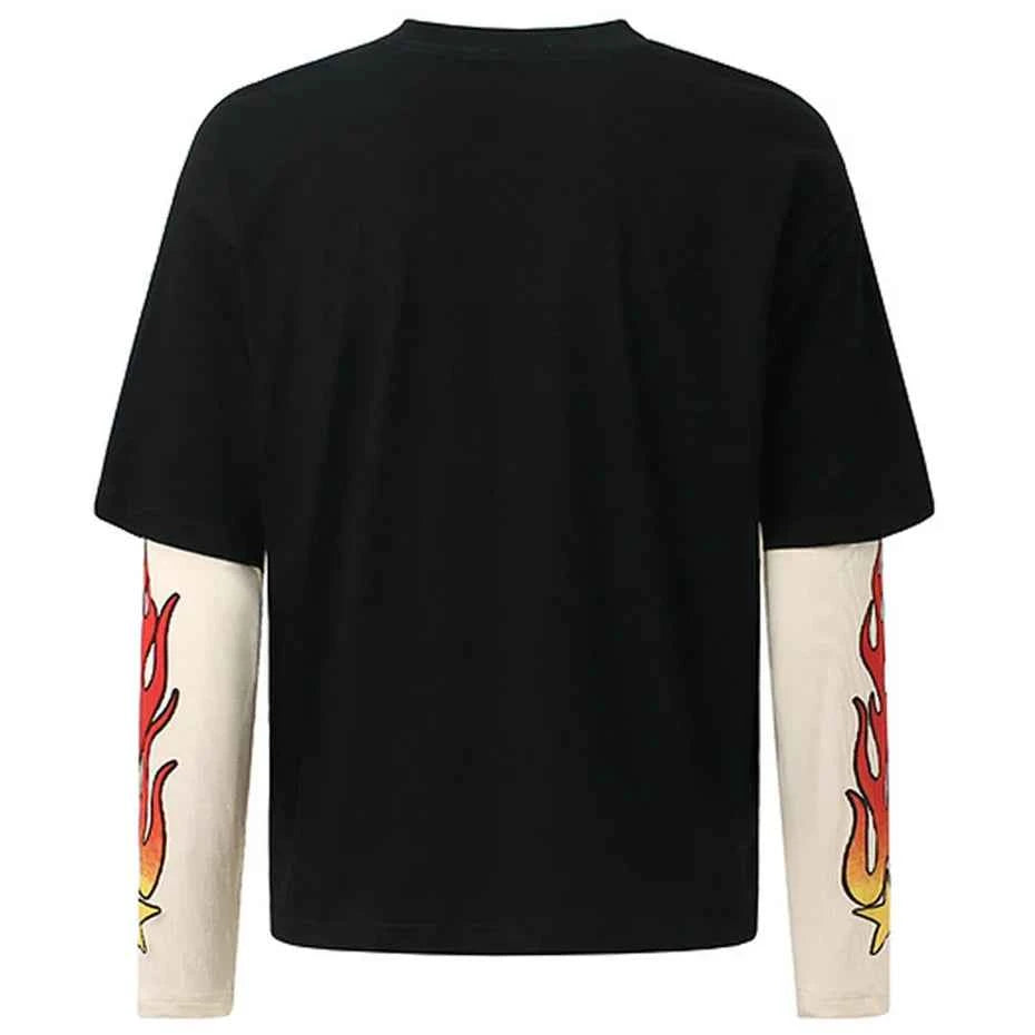 Y2K Flame Fake Two Piece Graphic Long Sleeve T-Shirt