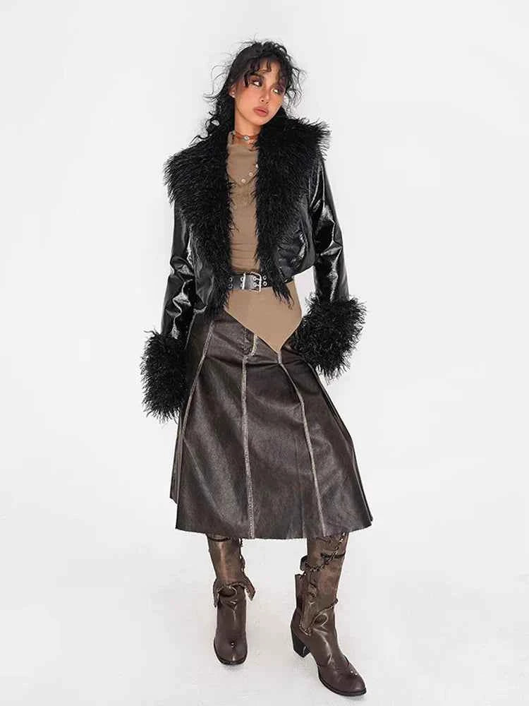 Women Gothic Winter Faux Fur PU Leather Jacket