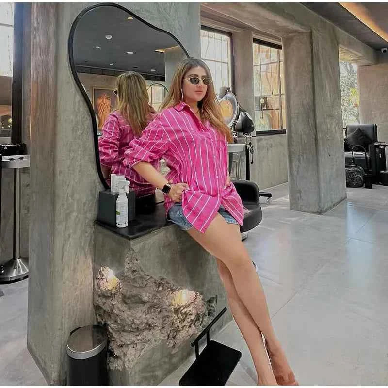 Women Streetwear Pink Striped Chic Long Sleeve Shirt