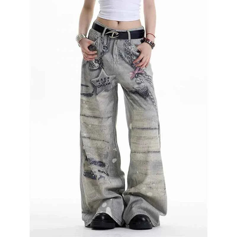 Essential Streetwear Gothic Graffiti Print Boyfriend Jeans