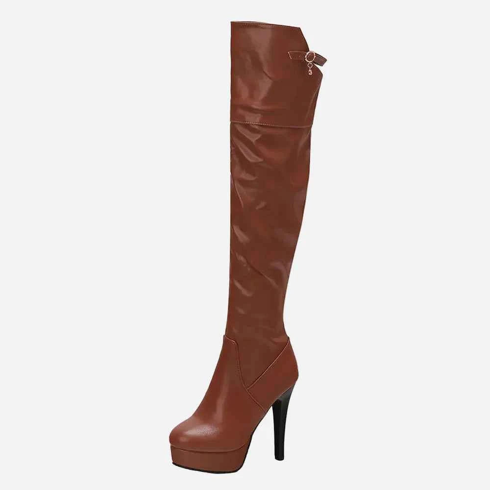 Embroidered Harness Stiletto Over Knee Leather Boots