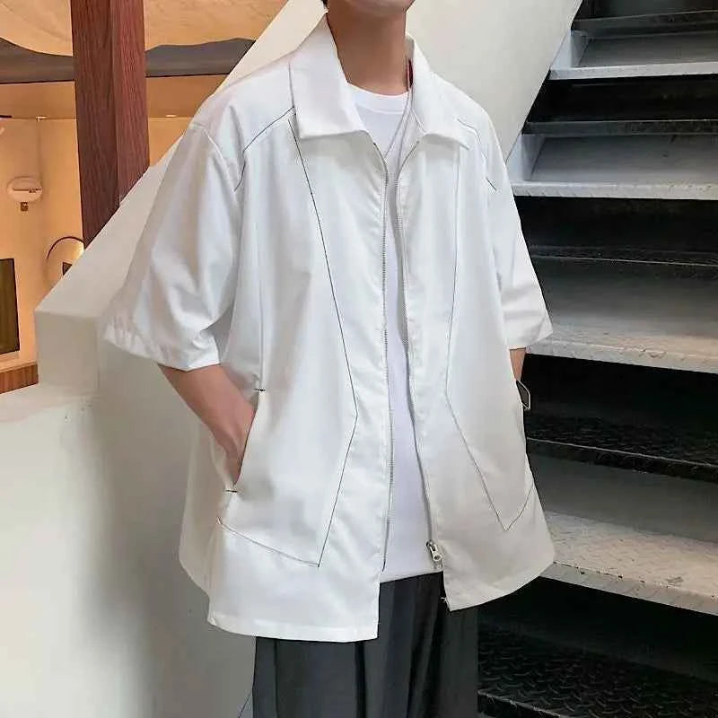 Casual Bright Thread Splicing Short Sleeved Zippper Shirt