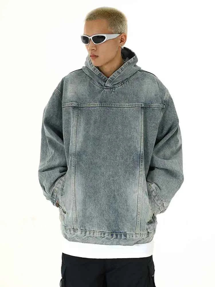 Breathable Patchwork Blue Wash Denim Hoodie