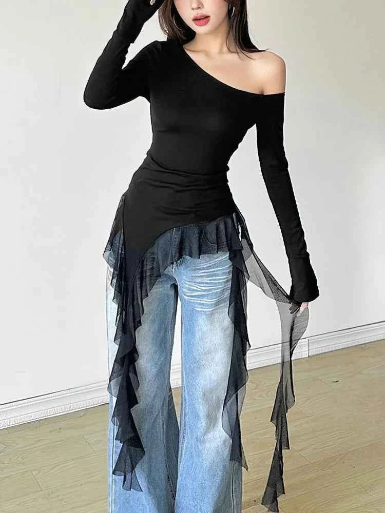 Sweet Gentle Ruffles Tassel Off T-Shirt