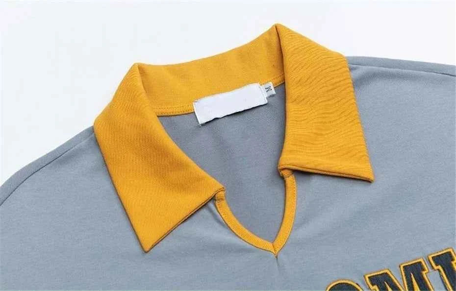 Starry Embroidered Turn Down Collar Hip Hop Casual T-Shirt