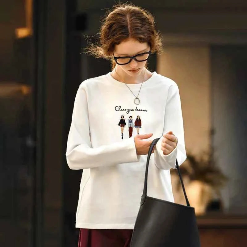 White Embroidered Graphic Long Sleeve T-Shirt