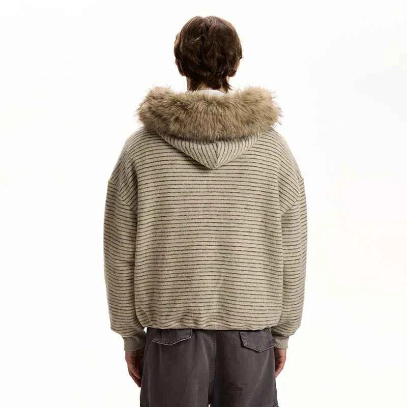 Streetwear Striped Fur Hooded Knit Cardigan