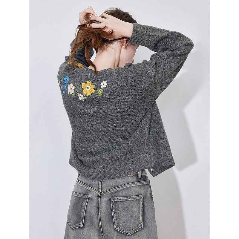 Floral Embroidered Round Neck Cardigan