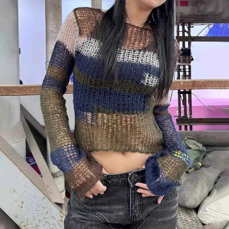 Women Streetwear Striped Hollow Out Sexy Knit Sweater