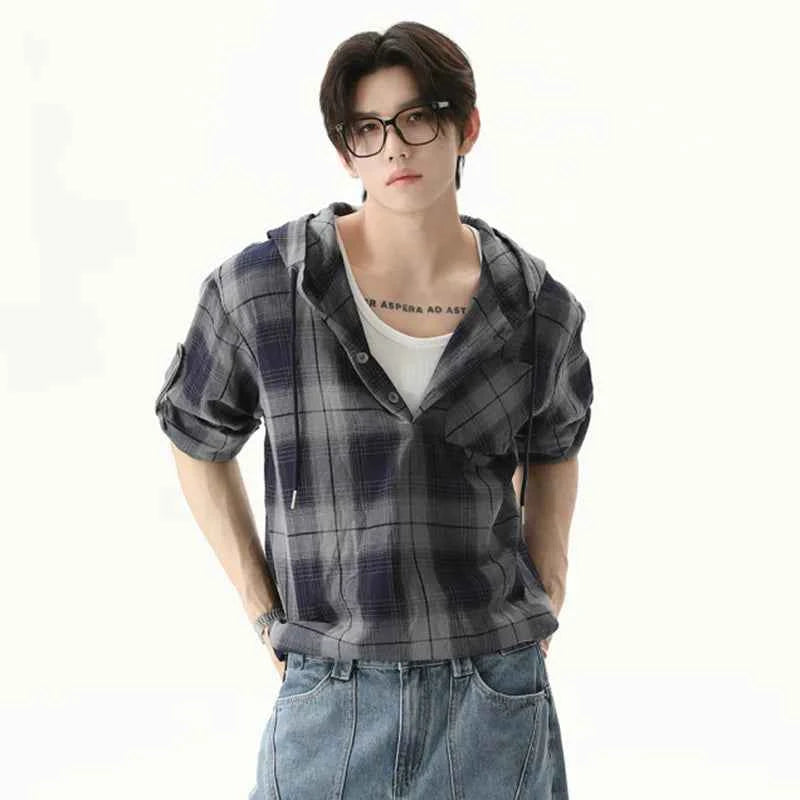 Streetwear Plaid Drawstring Hooded T-Shirt