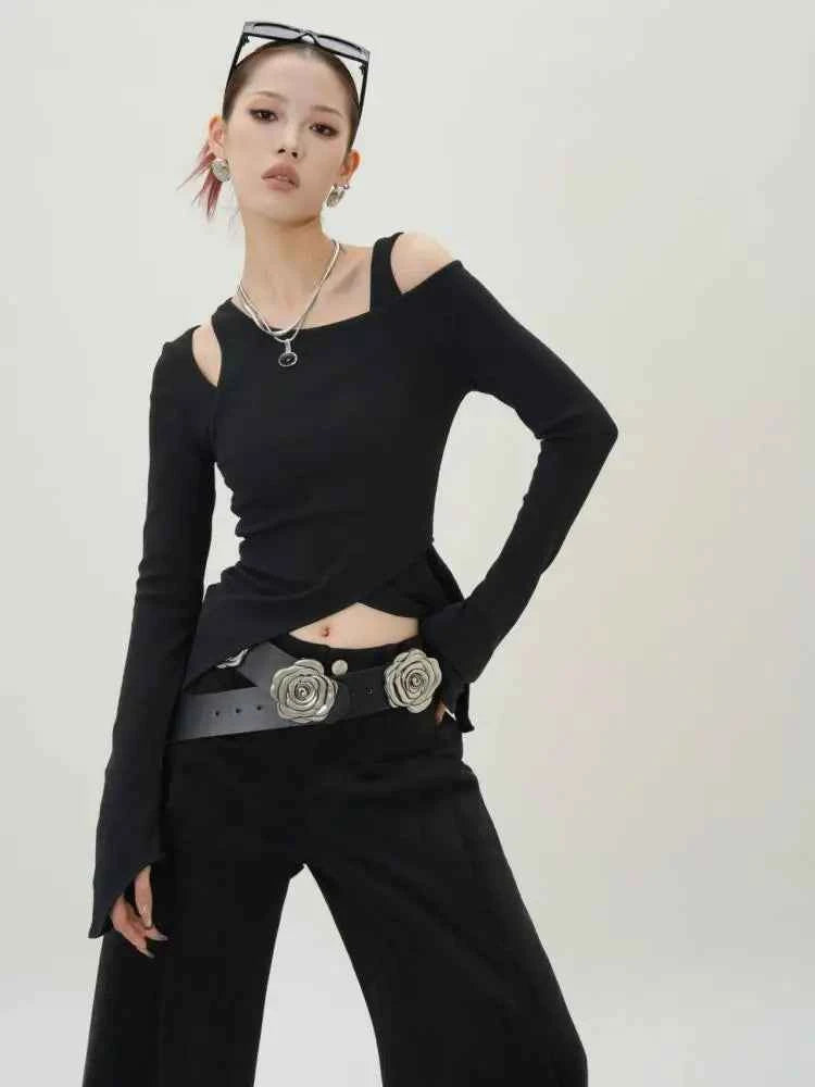 Black Irregular Slim Long Sleeve T-Shirt