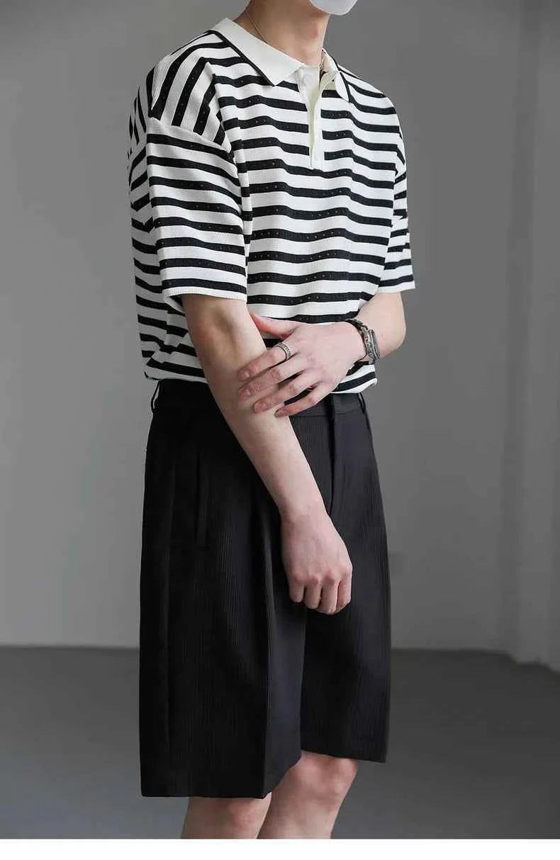 Classic Luxury Striped Polo Button Down T-Shirt