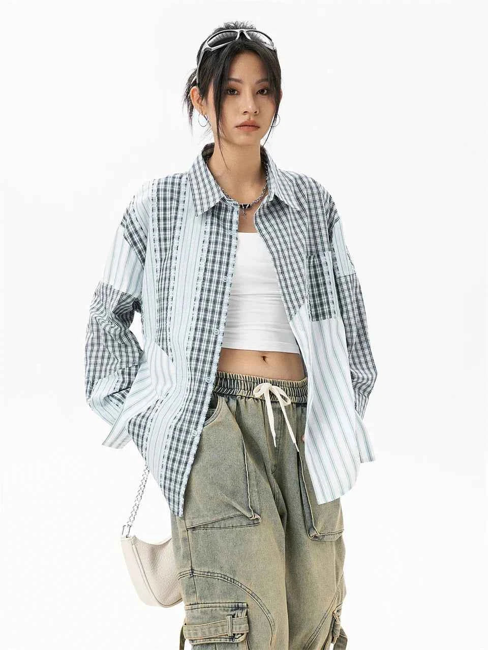 Women Plaid Patchwork Oversized Blouse Shirt