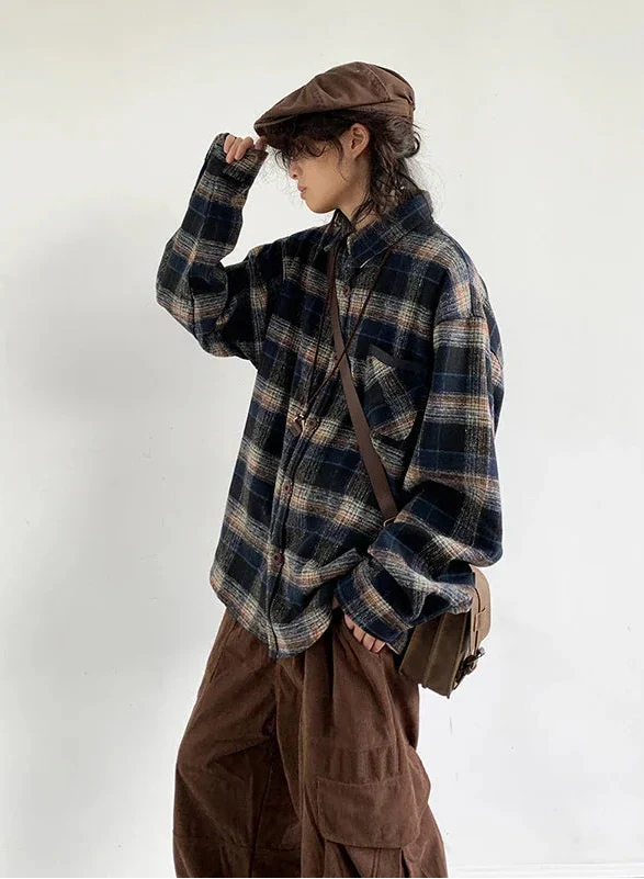 Y2K Cozy Plaid Woolen Long Sleeve Shirt - Luxuryurbanwear