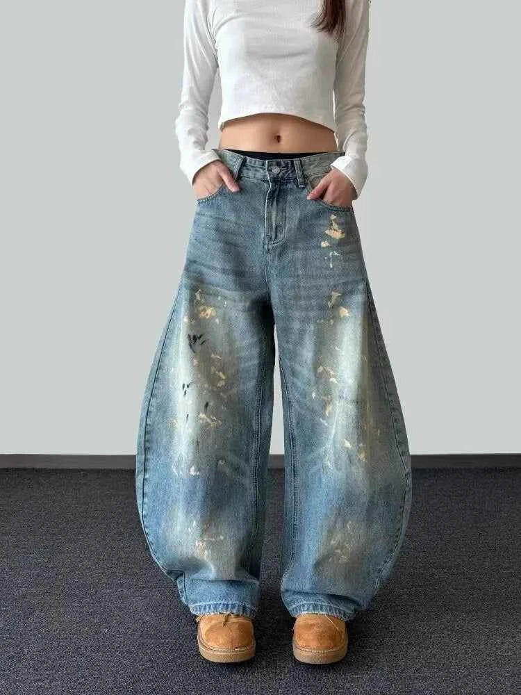 Women Vintage Blue Ink Paint Wide Jeans