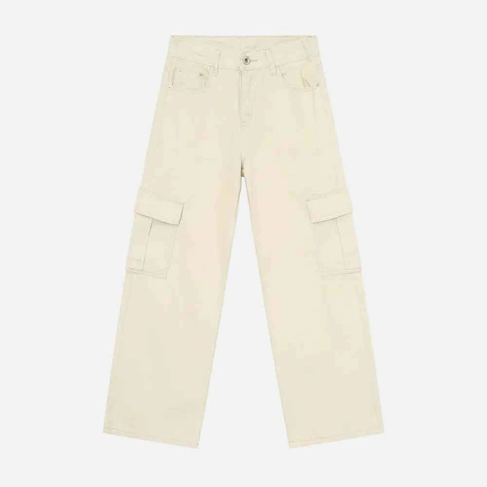 Trendy Solid Color Washed Denim Cargo Jeans