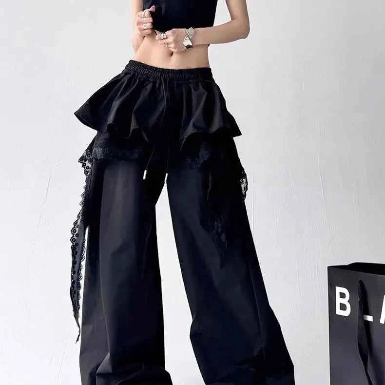Contrasting Color Patchwork Lace Wide Pants