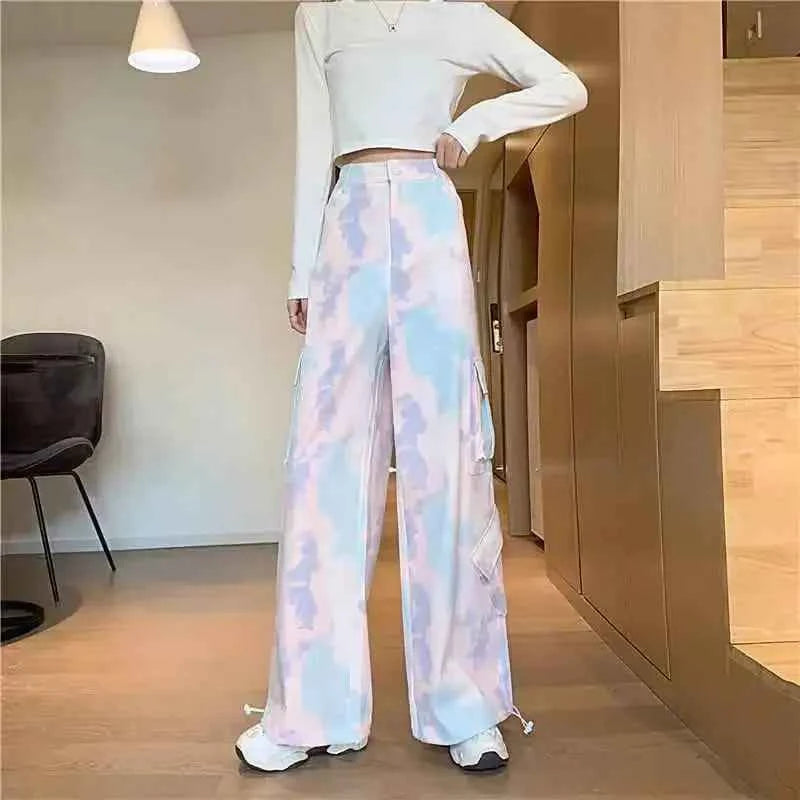 Streetwear Retro High Waist Tie Dye Cargo Pants
