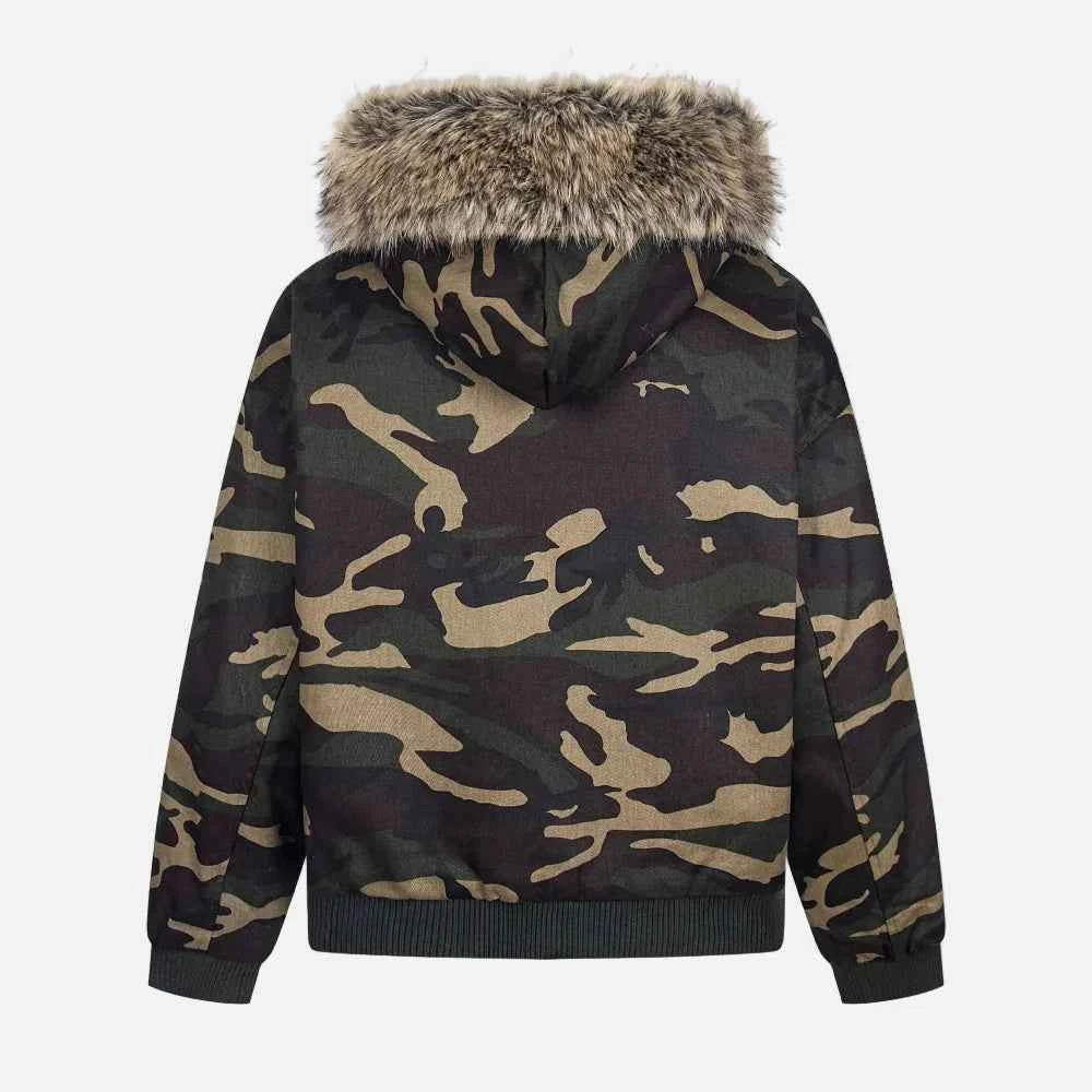 Camouflage Retro Print Faux Fur Hooded Jacket