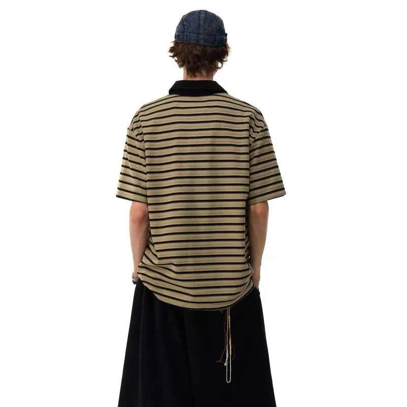 Classic Retro Stylish Color Block Polo Neck T-Shirt