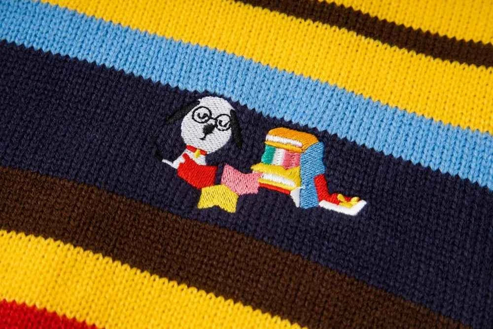 Embroidered Crew Neck Collar Contrast Paneled Striped Sweater