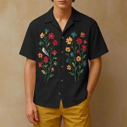 Flower Embroidered Lapel Casual Short Sleeve Shirt