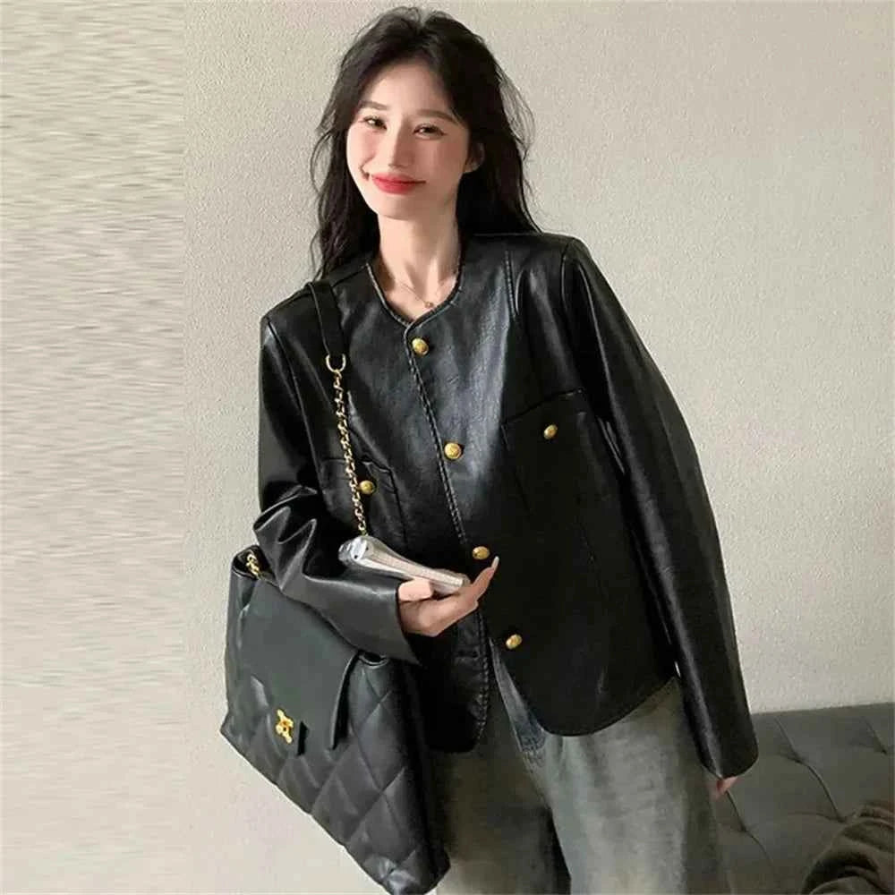 Women Retro Short Spring Leather Jacket