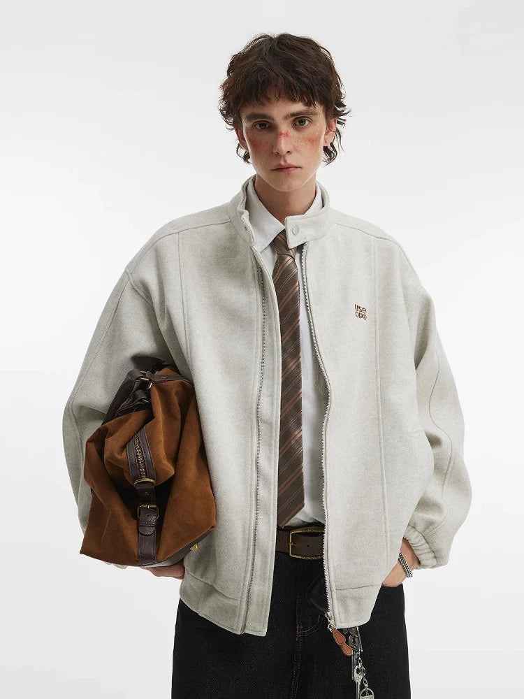 Oatmeal Melange Minimalist Stand Collar Bomber Jacket
