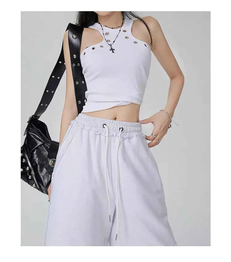 Women Y2K White Wide Leg Drawstring Jorts