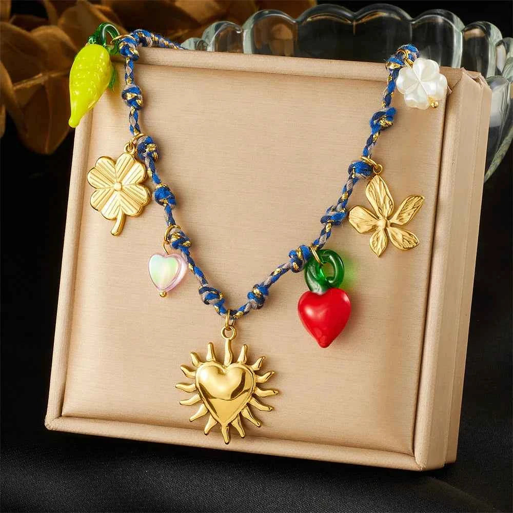 Golden Flower Heart Pearl Pendant Necklace