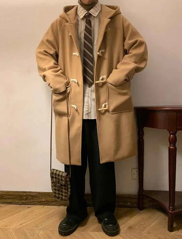 Vintage Horn Buckle Woolen Hooded Coat