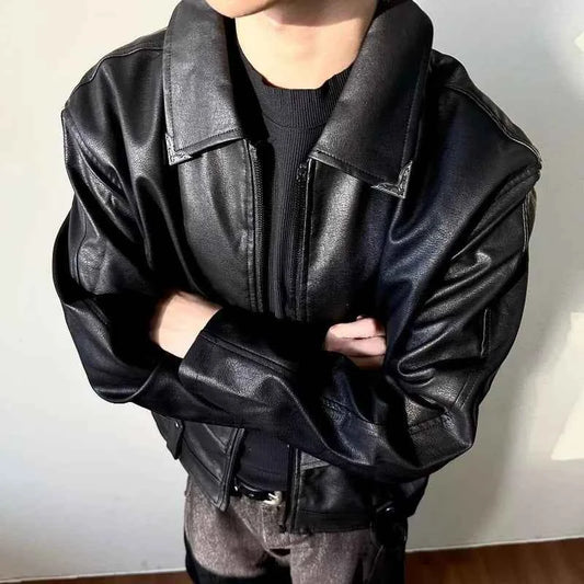 Solid Color Vintage Leather Zip-Up Jacket