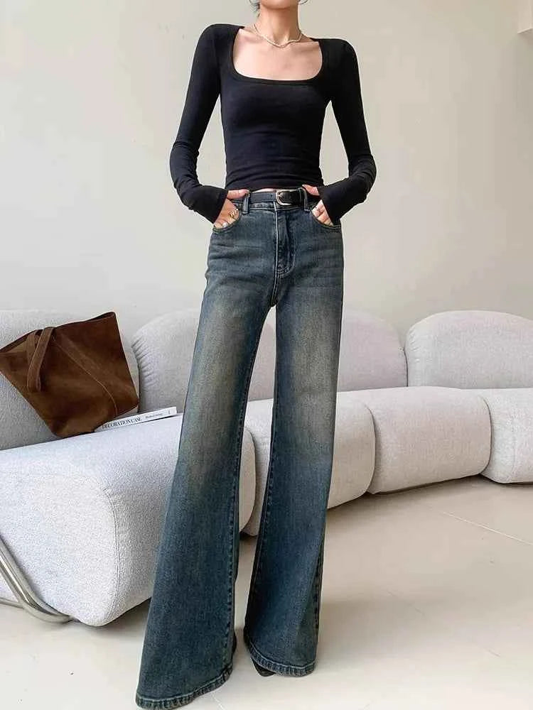 Women Retro Wide Leg Distressed Denim Jeans