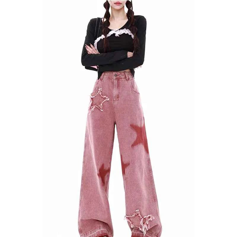Women Star Pink Letters Printed High Waisted Jeans