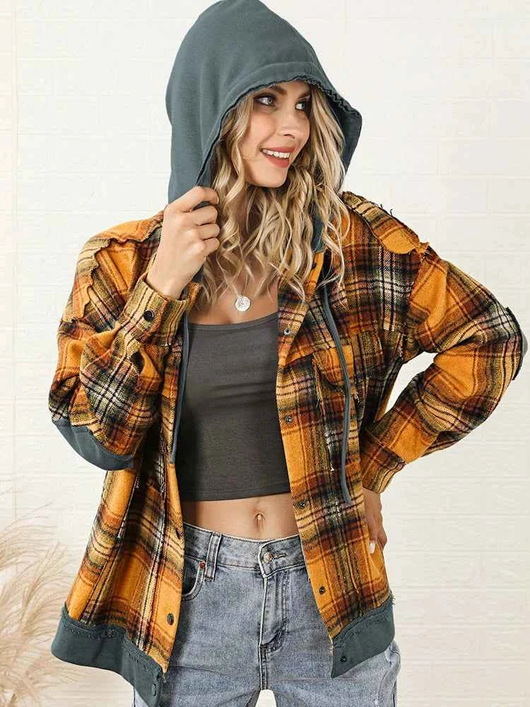 GypsyLady Orange Plaid Hooded Jacket - Women’s Oversized Flannel Streetwear Parka
