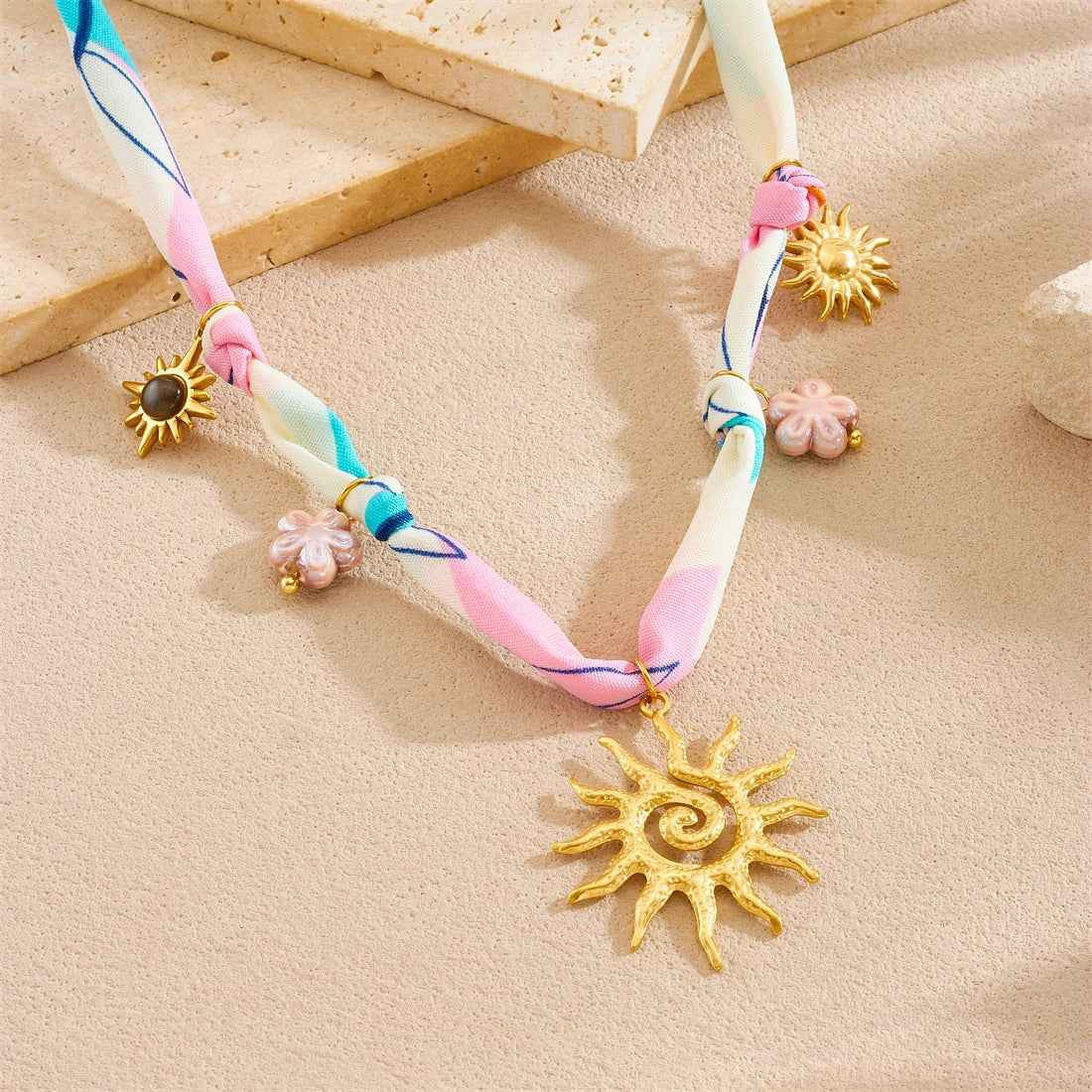Golden Sun Totem Ceramic Flower Necklace
