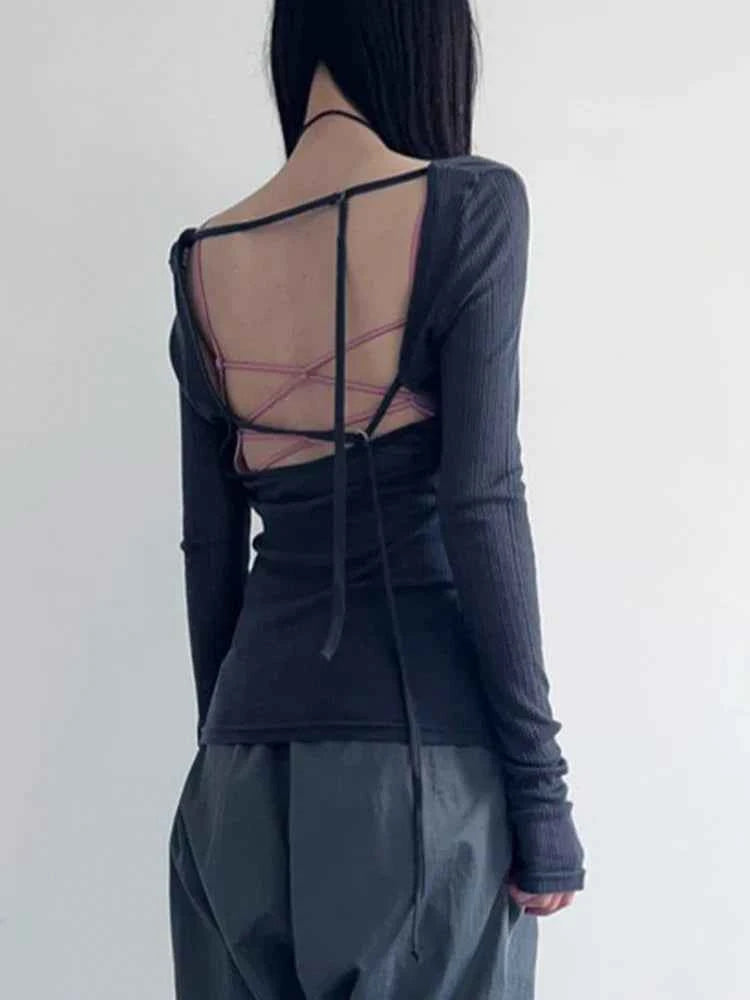 Stylish Bandage Backless Long Sleeve T-Shirt