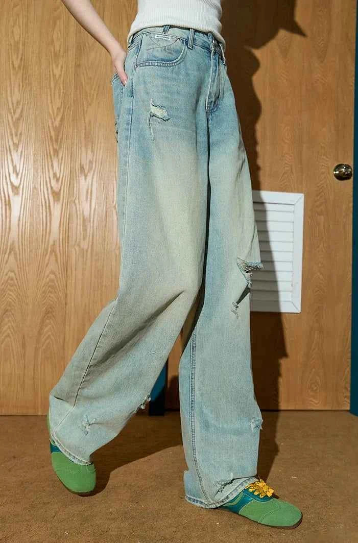 Streetwear High Waist Distressed Wide Leg Jeans