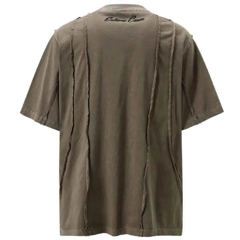 Streetwear Grunge Patchwork Ripped Solid Color T-Shirt