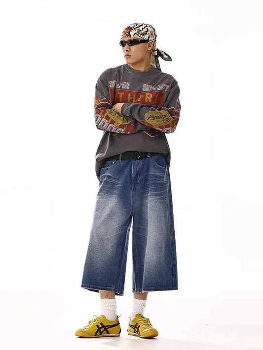 Vintage Blue Brushed Wide Leg Denim Jorts