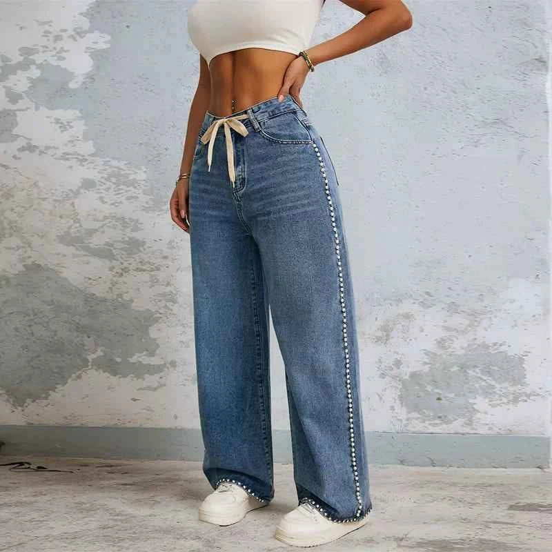 Graphic Fleece Beaded Wide Leg Denim Jeans