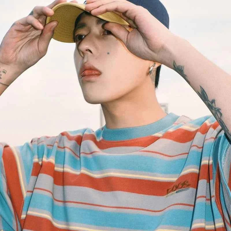 Men Casual Retro Vintage Striped Hip Hop T-Shirt