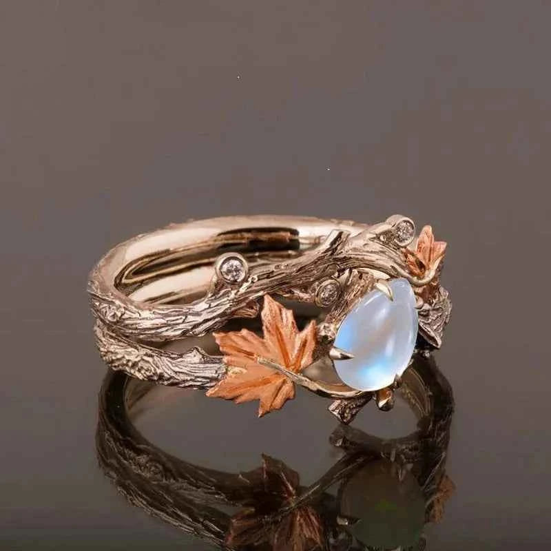 Elegant Gold Moonstone Maple Leaf Ring