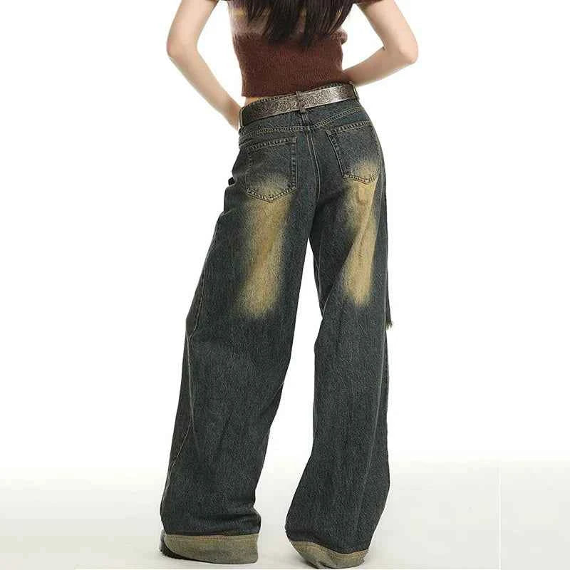 Summer Distressed High-Waist Wide-Leg Jeans