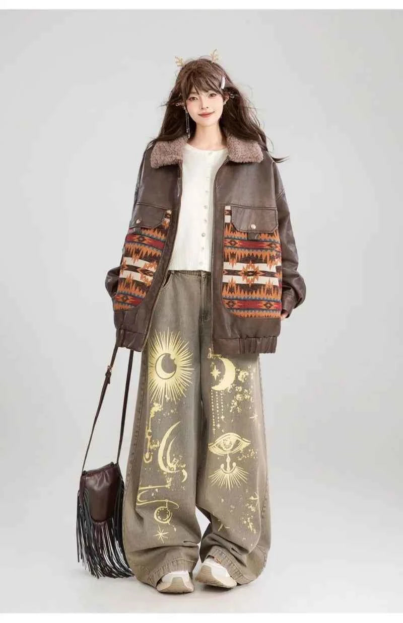 Effortless Graffiti Print Loose Vintage Wide Leg Jeans
